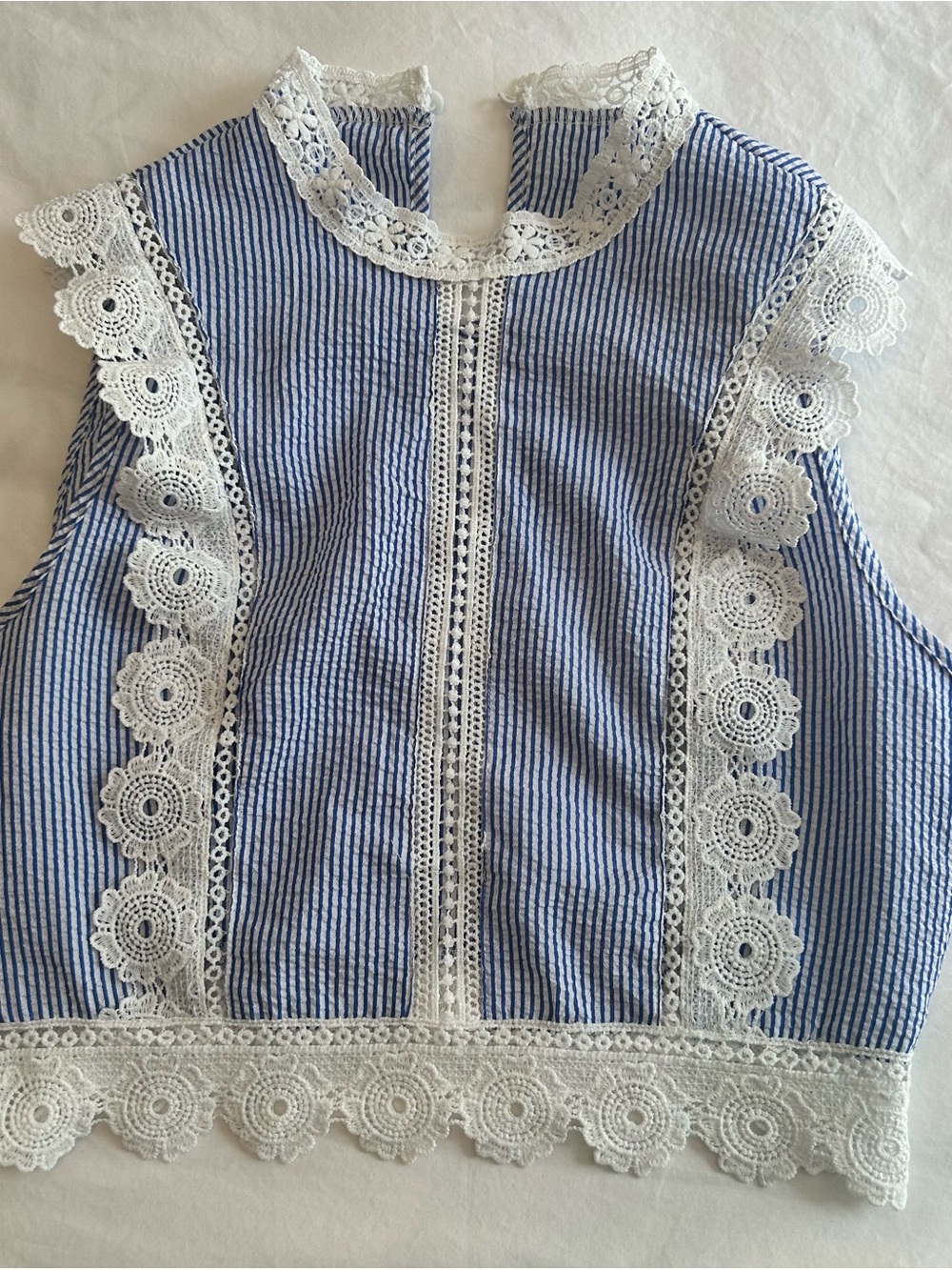Shein Blue and White Striped Lace Trim Sleeveless Blouse L